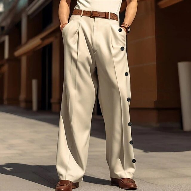 Wiaofellas Streetwear Solid Pockets Straight Pants Men Casual Loose Mid Waisted Trousers New Fashion Button Decoration Male Long Pants