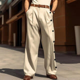Wiaofellas Streetwear Solid Pockets Straight Pants Men Casual Loose Mid Waisted Trousers New Fashion Button Decoration Male Long Pants