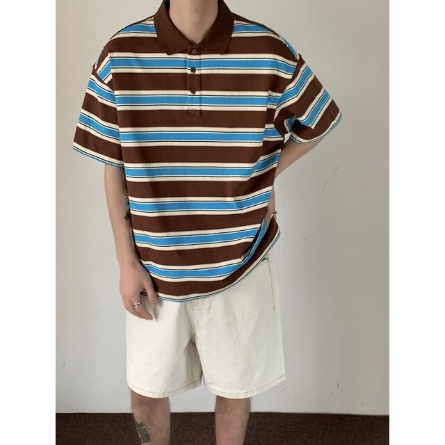 Wiaofellas Summer Cotton Short Sleeved T-shirt Men Fashion Oversized Stripe T Shirt Korean Loose Lapel Tshirt Mens Polo Shirt M-2XL