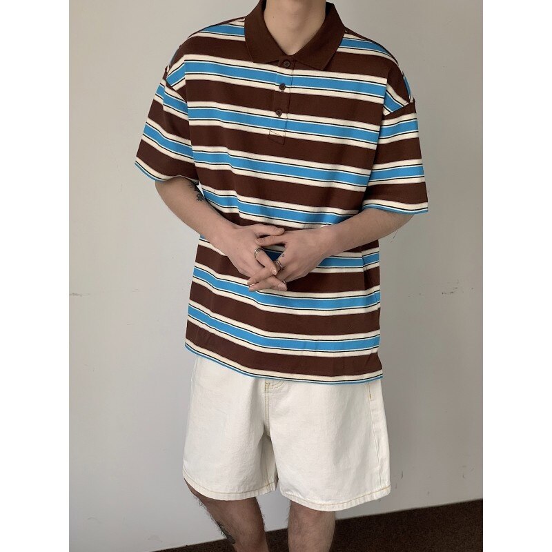 Wiaofellas Summer Cotton Short Sleeved T-shirt Men Fashion Oversized Stripe T Shirt Korean Loose Lapel Tshirt Mens Polo Shirt M-2XL