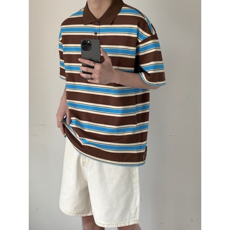Wiaofellas Summer Cotton Short Sleeved T-shirt Men Fashion Oversized Stripe T Shirt Korean Loose Lapel Tshirt Mens Polo Shirt M-2XL
