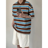 Wiaofellas Summer Cotton Short Sleeved T-shirt Men Fashion Oversized Stripe T Shirt Korean Loose Lapel Tshirt Mens Polo Shirt M-2XL