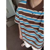 Wiaofellas Summer Cotton Short Sleeved T-shirt Men Fashion Oversized Stripe T Shirt Korean Loose Lapel Tshirt Mens Polo Shirt M-2XL