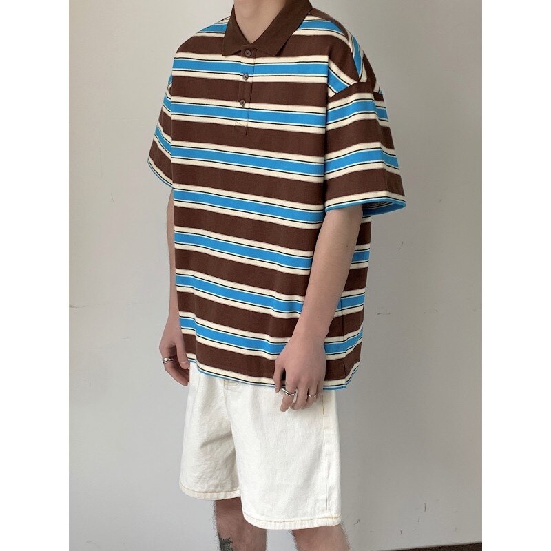 Wiaofellas Summer Cotton Short Sleeved T-shirt Men Fashion Oversized Stripe T Shirt Korean Loose Lapel Tshirt Mens Polo Shirt M-2XL