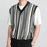 Wiaofellas Summer Knitted Vest Men's Korean Version Loose Pullover V Neck Tank Tops Striped Design Trend Sleeveless Tops Waistcoat Sweater