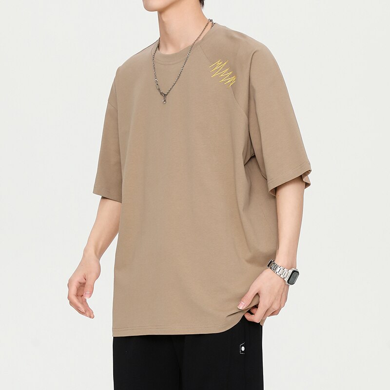 Wiaofellas Summer New Vintage Men T-Shirt Casual American Irregular Personalized Embroidery T-shirts Cotton 200G Fashion Hip Hop Unisex