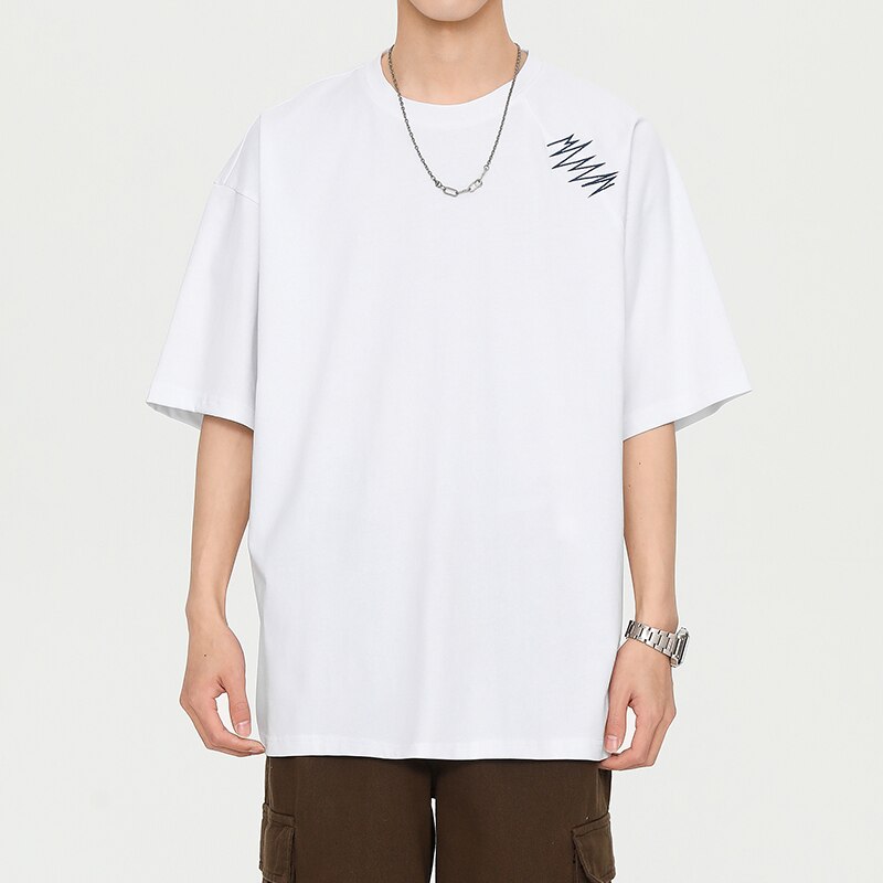 Wiaofellas Summer New Vintage Men T-Shirt Casual American Irregular Personalized Embroidery T-shirts Cotton 200G Fashion Hip Hop Unisex