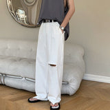 Wiaofellas Summer Ripped White Jeans Men Fashion Casual Baggy Wide Leg Jeans Men Streetwear Loose Hip Hop Hole Denim Pants Mens Trousers