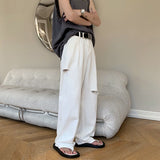 Wiaofellas Summer Ripped White Jeans Men Fashion Casual Baggy Wide Leg Jeans Men Streetwear Loose Hip Hop Hole Denim Pants Mens Trousers