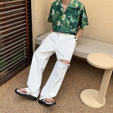 Wiaofellas Summer Ripped White Jeans Men Fashion Casual Baggy Wide Leg Jeans Men Streetwear Loose Hip Hop Hole Denim Pants Mens Trousers
