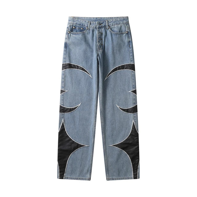 Wiaofellas Thug Club Pu Leaher Embroidery Patchwork Baggy Y2K Jeans Men's Streetwear Straight Oversized Denim Trousers Unisex Cargo Pants