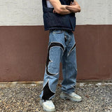 Wiaofellas Thug Club Pu Leaher Embroidery Patchwork Baggy Y2K Jeans Men's Streetwear Straight Oversized Denim Trousers Unisex Cargo Pants