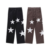 Wiaofellas Stars Embroidery Side Sashes Streetwear Mens Jeans Retro Harajuku Ripped Patchwork Baggy Casual Denim Trousers Oversized