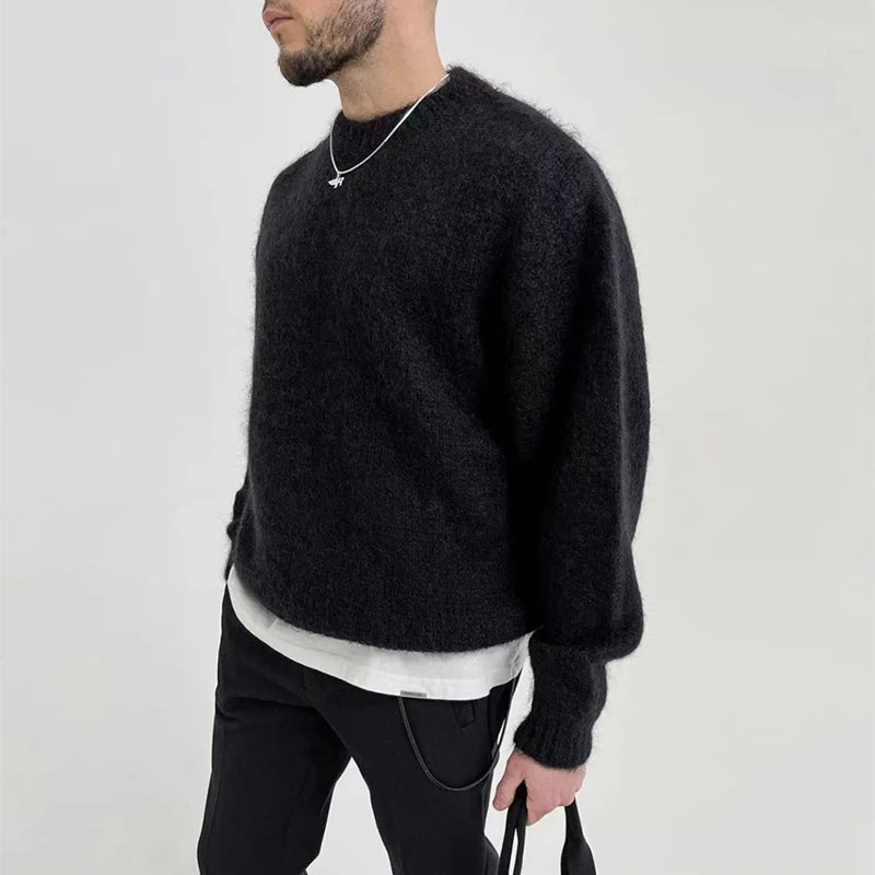 Wiaofellas Unisex Autumn Winter Fashion Casual Solid Color Round Neck Mohair Knit Sweater Oversized Pullovers Knitwears Men Clothes