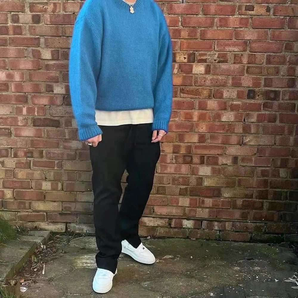 Wiaofellas Unisex Autumn Winter Fashion Casual Solid Color Round Neck Mohair Knit Sweater Oversized Pullovers Knitwears Men Clothes