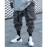 Wiaofellas Unisex Function Double Ribbon Button Waist Trousers Men's Clothes Loose Cubic Pocket Jogger Cargo Pants Beam Hiphop High Street