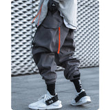 Wiaofellas Unisex Function Double Ribbon Button Waist Trousers Men's Clothes Loose Cubic Pocket Jogger Cargo Pants Beam Hiphop High Street