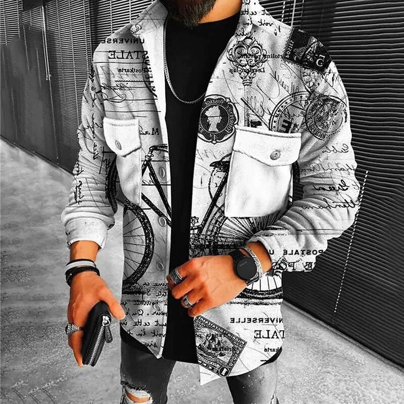 Wiaofellas Vintage Pattern Print Lapel Single Breasted Men Jackets Autumn Long Sleeve Big Pockets Outwear Casual Winter Men's Coat Tops