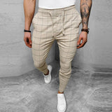 Wiaofellas Vintage Plaid Print Drawstring Pants For Men Clothing Summer Slim Pockets Long Pant Streetwear Casual Style Man Trousers