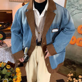 Wiaofellas Washed Distressed Denim Jacket Men's Retro Corduroy Stitching Design Loose Coat Man Unisex Autumn Winter American Suit Outerwear