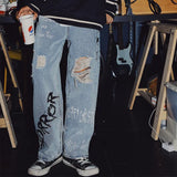 Wiaofellas Fashion Teenagers Loose Straight Washed Blue Denim Jeans Male Korean Ripped Hole Graffiti Ankle Length Pants