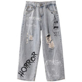 Wiaofellas Fashion Teenagers Loose Straight Washed Blue Denim Jeans Male Korean Ripped Hole Graffiti Ankle Length Pants