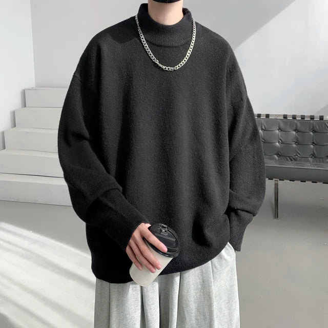 Wiaofellas Winter Sweater Men Warm Fashion Solid Color Knitted Pullover Men Korean Loose Standing Neck Sweater Mens Jumper Clothes S-3XL