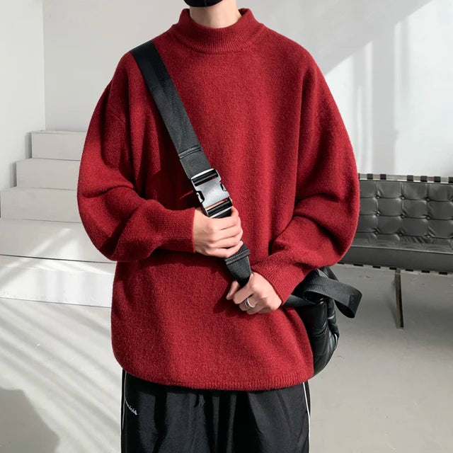 Wiaofellas Winter Sweater Men Warm Fashion Solid Color Knitted Pullover Men Korean Loose Standing Neck Sweater Mens Jumper Clothes S-3XL