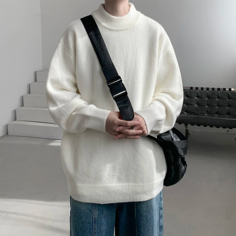 Wiaofellas Winter Sweater Men Warm Fashion Solid Color Knitted Pullover Men Korean Loose Standing Neck Sweater Mens Jumper Clothes S-3XL
