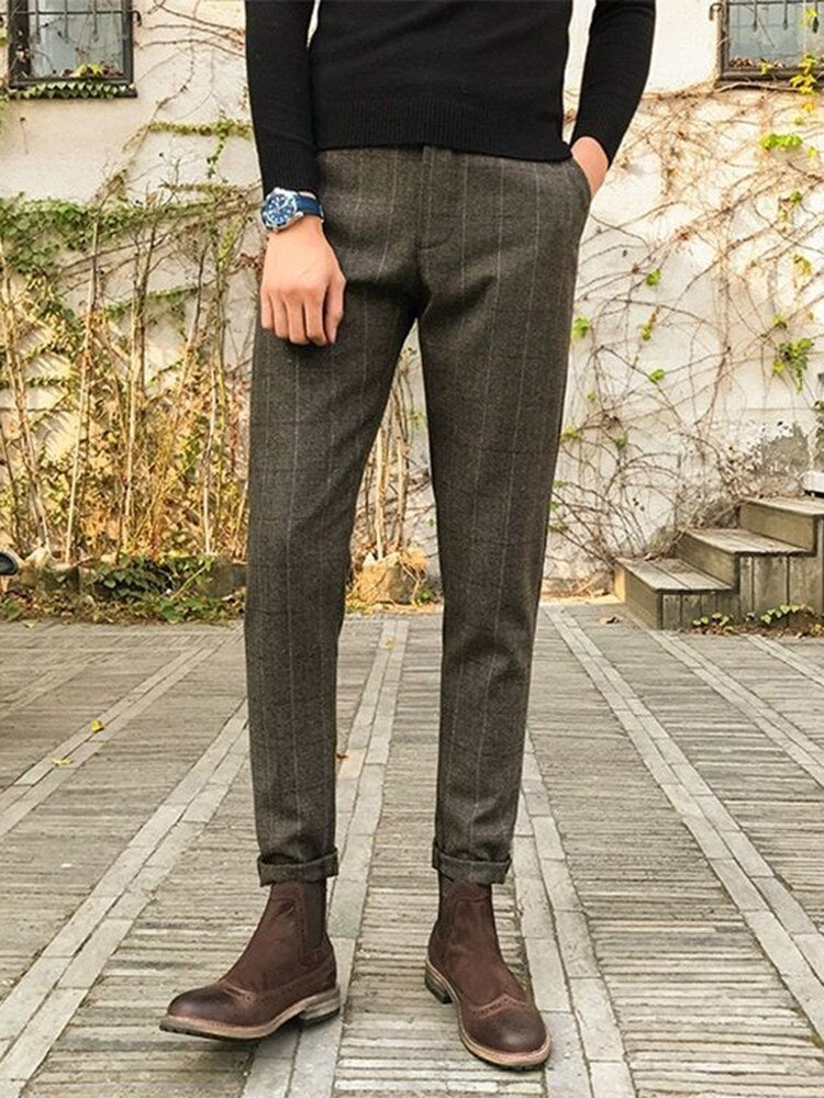 Wiaofellas Woolen Suit Trousers Men Clothing Autumn Winter New Thick Slim Vintage Striped Plaid material Tweed Casual Pants Vetements Homme