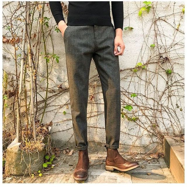 Wiaofellas Woolen Suit Trousers Men Clothing Autumn Winter New Thick Slim Vintage Striped Plaid material Tweed Casual Pants Vetements Homme