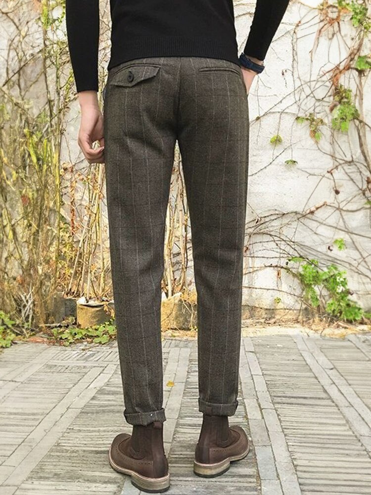 Wiaofellas Woolen Suit Trousers Men Clothing Autumn Winter New Thick Slim Vintage Striped Plaid material Tweed Casual Pants Vetements Homme