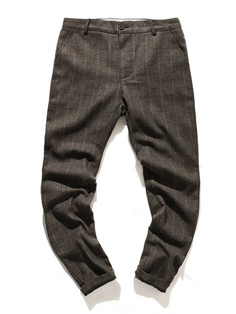 Wiaofellas Woolen Suit Trousers Men Clothing Autumn Winter New Thick Slim Vintage Striped Plaid material Tweed Casual Pants Vetements Homme
