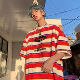 Wiaofellas Striped Contrast Short Sleeve T-Shirt Men's Trendy Summer Street Hip Hop Loose Retro Couple Tops Personality Cotton Half Sleeve