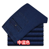 Thin Men Jeans Elastic Waist Deep Middle-aged Men's Jeans Pants Loose Denim Pants High Waist Elastic Fabric Spring and Summer