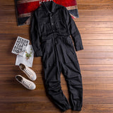 Wiaofellas Men's Jumpsuit Long Sleeve Lapel Beam Feet Cotton Overalls Hip Hop Streetwear Loose Cargo Pants Green Black Freight Trousers