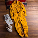 Wiaofellas Men's Jumpsuit Long Sleeve Lapel Beam Feet Cotton Overalls Hip Hop Streetwear Loose Cargo Pants Green Black Freight Trousers