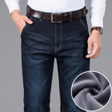 Classic Style Winter Men's Warm Business Jeans Fashion Casual Denim Stretch Cotton Thick Fleece Denim Pants Male Brand Trousers