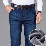 Classic Style Winter Men's Warm Business Jeans Fashion Casual Denim Stretch Cotton Thick Fleece Denim Pants Male Brand Trousers