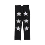 Embroidery Stars Frayed Jeans Pants Men and Women Streetwear Washed Retro Casual Denim Trousers Hip Hop Casual Baggy Pants
