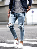 Streetwear Knee Ripped Skinny Jeans for Men Hip Hop Fashion Destroyed Hole Pants Solid Color Male Stretch Denim Trousers