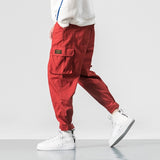 Cotton Men Multi-pocket Elastic Waist Design Harem Pant Street Punk Hip Hop Red Casual Trousers Joggers Male Army Cargo Pants