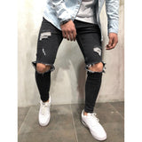 Streetwear Knee Ripped Skinny Jeans for Men Hip Hop Fashion Destroyed Hole Pants Solid Color Male Stretch Denim Trousers