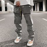 Wiaofellas High Street Multi-pocket Casual Trousers for Men and Women Side Breasted Drawstring Cargo Pants Harajuku Solid Loose Pants