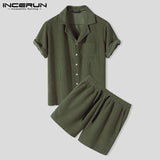 Men Fashion Solid Sets INCERUN Short Sleeve Lapel Shirts Drawstring Shorts Suits Leisure Curduroy Suits Vinatge Mens Sets S-5XL