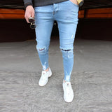 Mens Solid Color Jeans New Fashion Slim Pencil Pants Sexy Casual Hole Ripped Design Streetwear