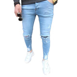 Mens Solid Color Jeans New Fashion Slim Pencil Pants Sexy Casual Hole Ripped Design Streetwear