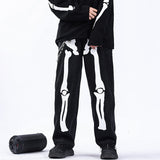 Reflective Skeleton Print Black Jeans for Men Fashion Trend Straight Leg Hip Hop Denim Pants Teens Baggy Streetwear Clothes