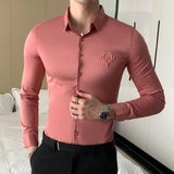 Solid Simple Mens Casual Shirt Slim Fit Business Formal Wear Deer Head Embroidery Shirt Men Brand New 2021 Long Sleeve Men Shirt