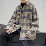 Wiaofellas New Fashion Men Plaid Shirt Casual Loose Wool Jacket Coat Men Long Sleeve Shirt Mens Clothing Streetwear